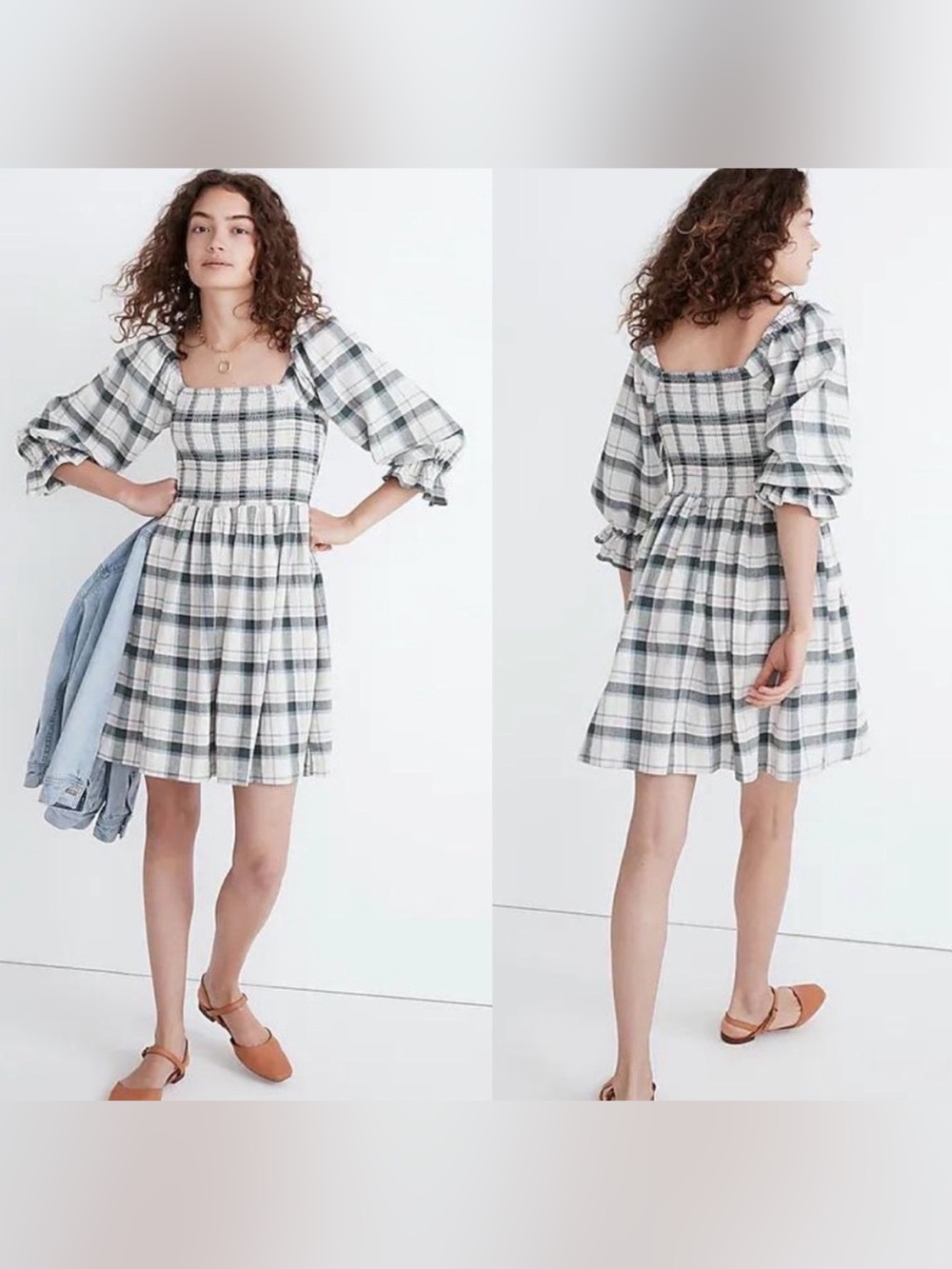 Madewell Pink and Green Plaid Off-Shoulder Smocked Mini Dress